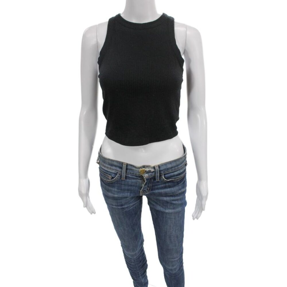 Open Edit Womens Cropped Basic Tank Black Sleeveless Crew Neck Size S